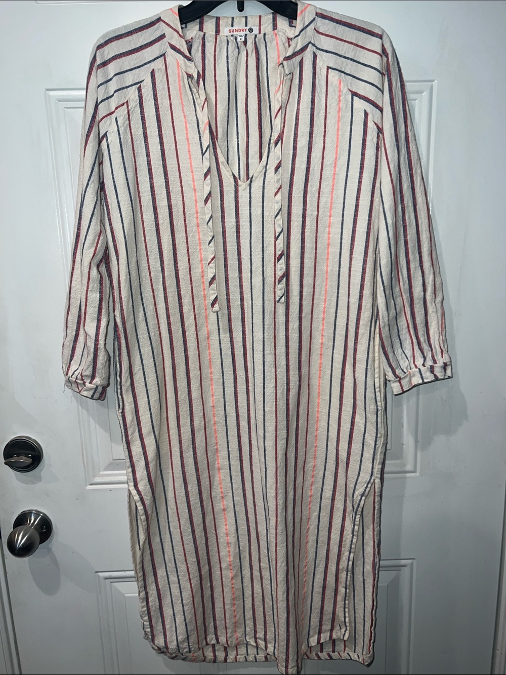 Sundry Anthropologie Cream Midi Dress with Burgundy, Navy & Coral Stripes